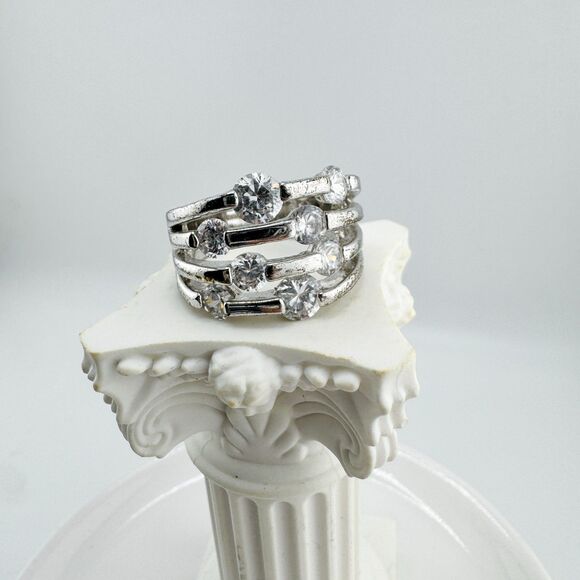 Vintage Silver Tone Multi Row Rhinestone Ring Modernist Statement Cocktail 1980s - Picture 5 of 7